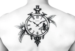 Imaginez un tatouage noir et blanc pour l'avant bras avec horloge affichant 6h40, avec  le Colisé en arrière plan du tatouage  un gladiateur avec une abeille sur le bouclier  une carte de la Corse tattoo idea