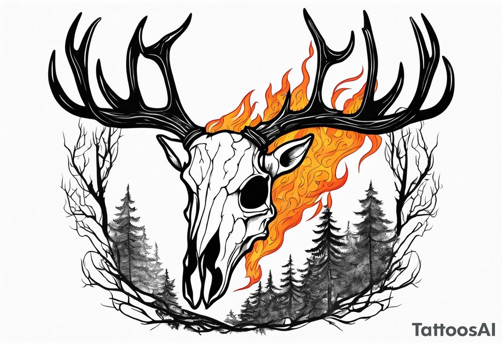 side profile of a DECAYING deer skull JUST BONE lore accurate wendigo surrounded by a flames and trees tattoo idea