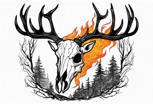 side profile of a DECAYING deer skull JUST BONE lore accurate wendigo surrounded by a flames and trees tattoo idea