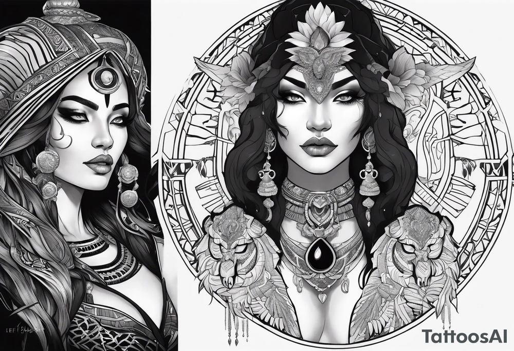 kali ma, alien goddess, valkrye, aries, pirate, divine feminine, zenza resonance, pachamama, lotus azul, blank panther, eagle, skull, 5D, nueva gaya, dna 12, left side chest tatoo tattoo idea