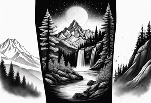 mountains, nature, stars, cross, waterfall, water tattoo idea