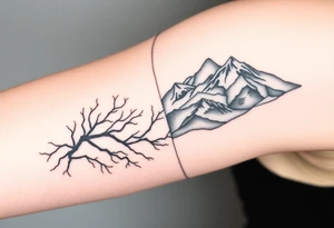 Split scene: stormy forest with tangled branches on one side, peaceful mountain range on the other. Blended transition. Black and white, minimalist tattoo idea