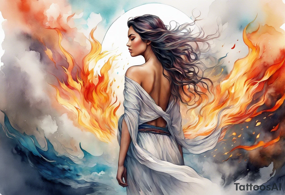 Resurrection strength and courage Beautiful Woman walking away fire and chaos to inner peace and self-love  ethereal tattoo idea