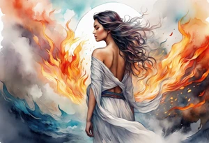 Resurrection strength and courage Beautiful Woman walking away fire and chaos to inner peace and self-love  ethereal tattoo idea