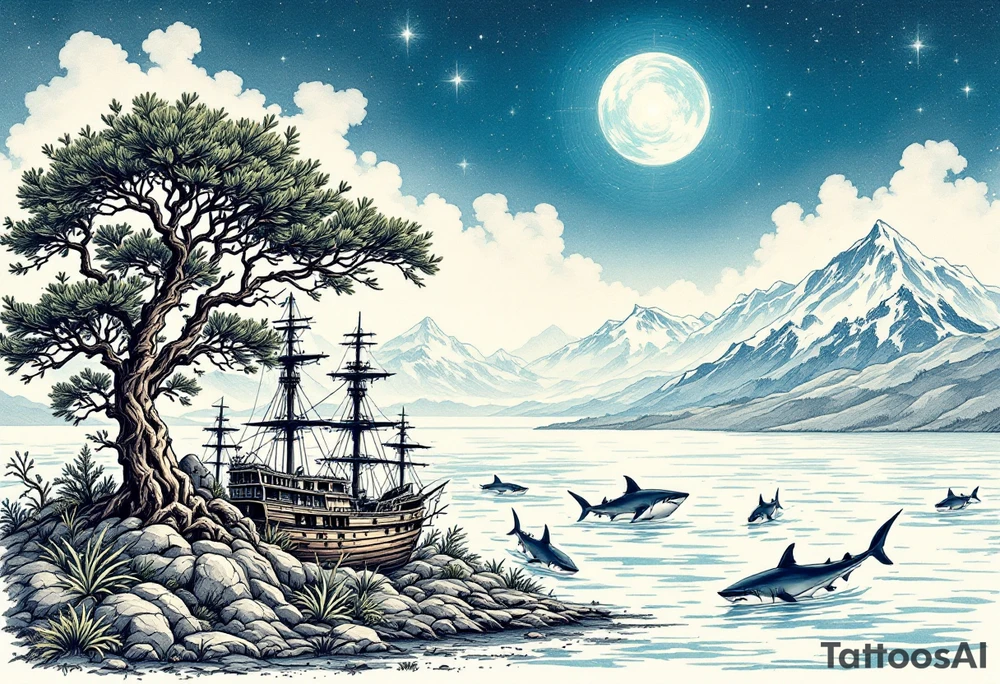 tattoo that has an acacia tree with mountains, ocean with a ship wreck with sharks and the bright northern star tattoo idea