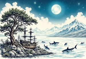 tattoo that has an acacia tree with mountains, ocean with a ship wreck with sharks and the bright northern star tattoo idea