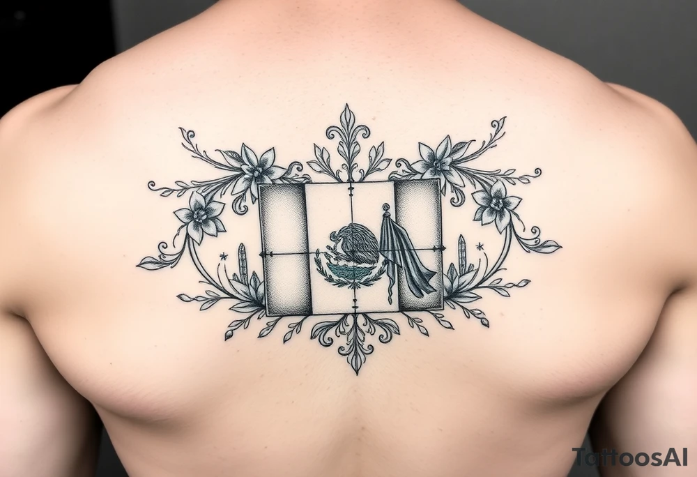 Small, feminine tattoo for placement on my clavical or lower back that reflects new life journey, delicate florals, ornaments and vines. Include Mexican flag and images of San Miguel de Allende, Mexico Style as if it is four tiles. tattoo idea