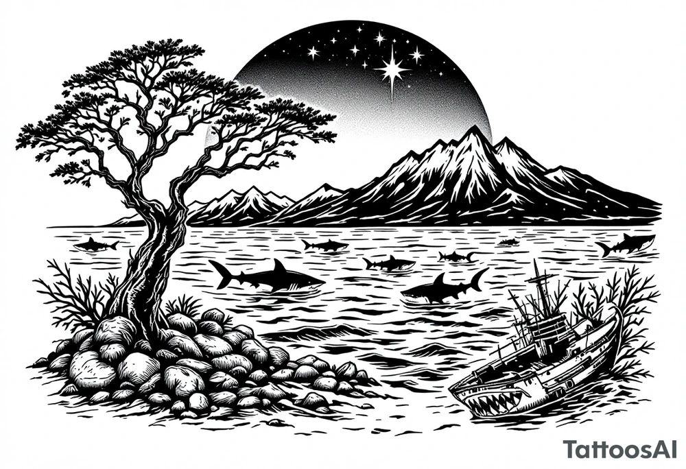 tattoo that has an acacia tree with mountains, ocean with a ship wreck with sharks and the northern star tattoo idea