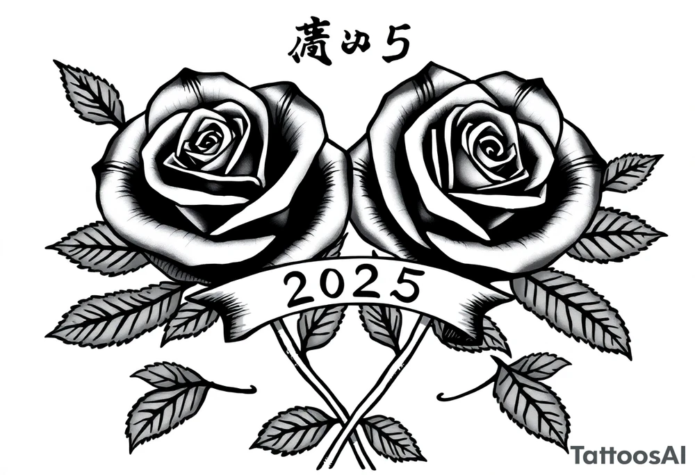 two beautiful rose buds, side by side, with many leaves and their stems intertwined, representing two people in love. Include a banner connecting the two roses with "2025" on it.  The word "Rose" written in Kanji above the drawing.  Use dark outlines with little shading tattoo idea