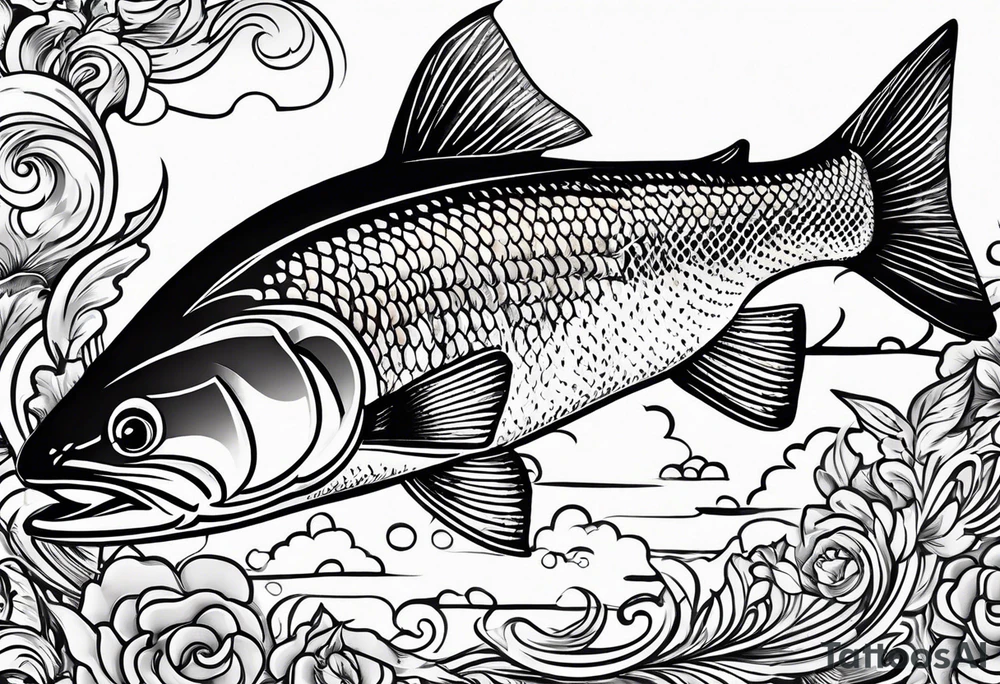 A small tattoo featuring a lovestruck trout as the main theme, drawn without lines, using only color combinations. tattoo idea