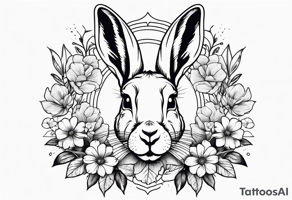 Realistic rabbit head in the middle of realistic flowers and leaves tattoo idea