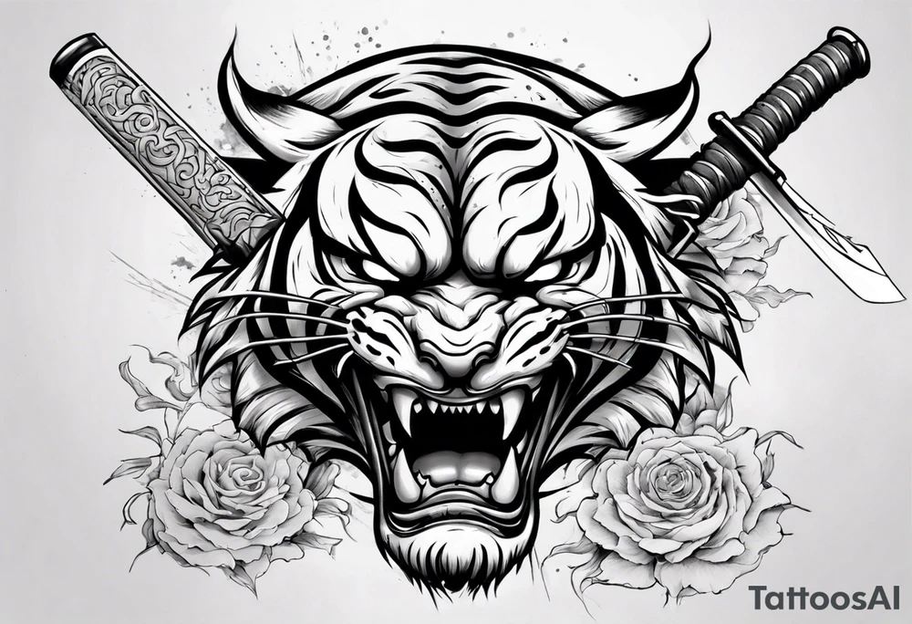 katana through demon tiger head tattoo idea