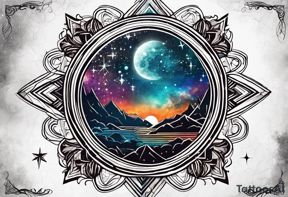 Matter, energy, space and time with an old stone theta symbol with stars in the background and Scorpio constellation tattoo idea