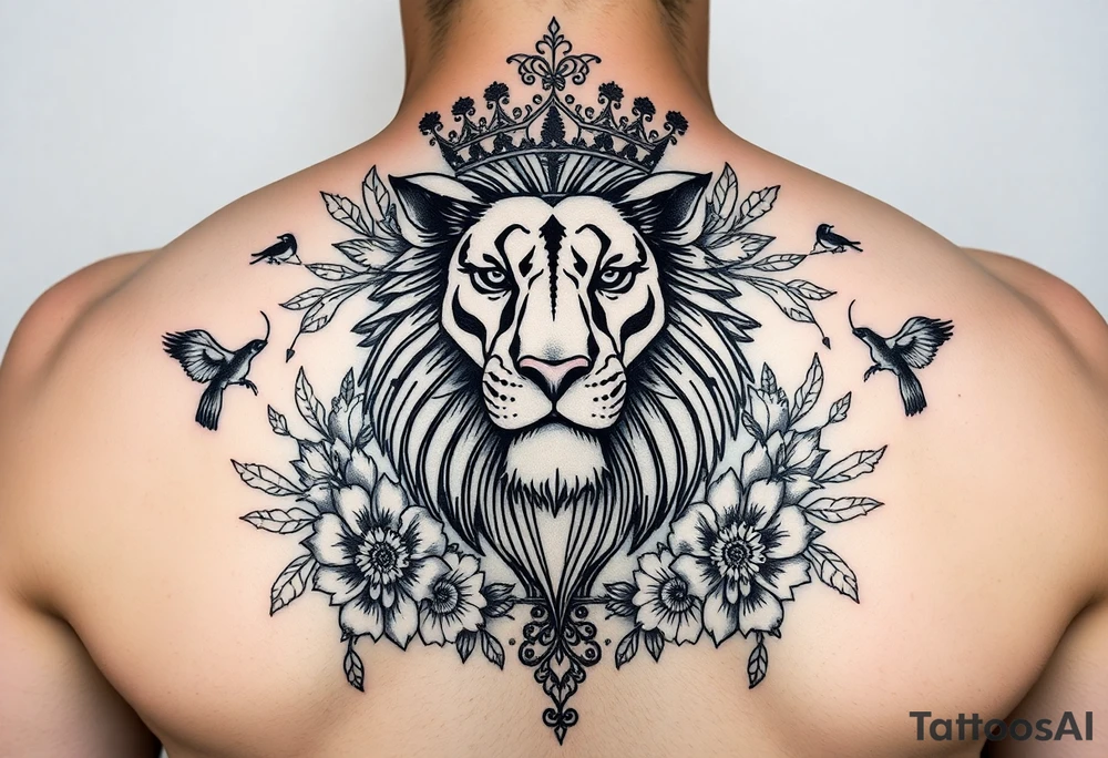 powerful majestic lion with a crown, surrounded by floral ornaments and birds tattoo idea