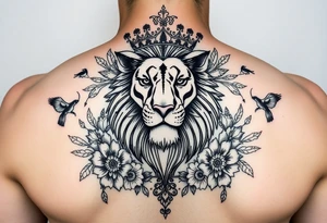 powerful majestic lion with a crown, surrounded by floral ornaments and birds tattoo idea