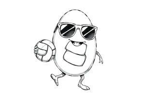 walking egg in sunglasses like lenons , holding a volleyball tattoo idea