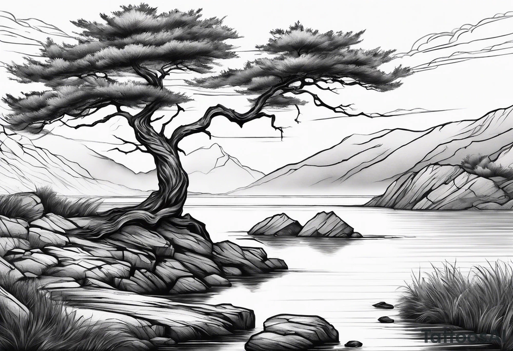 Sleeve tattoo windswept tree before lake with low rock face on another side of lake tattoo idea