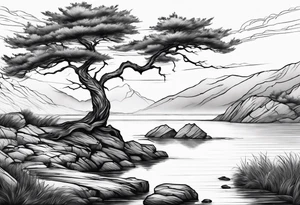 Sleeve tattoo windswept tree before lake with low rock face on another side of lake tattoo idea