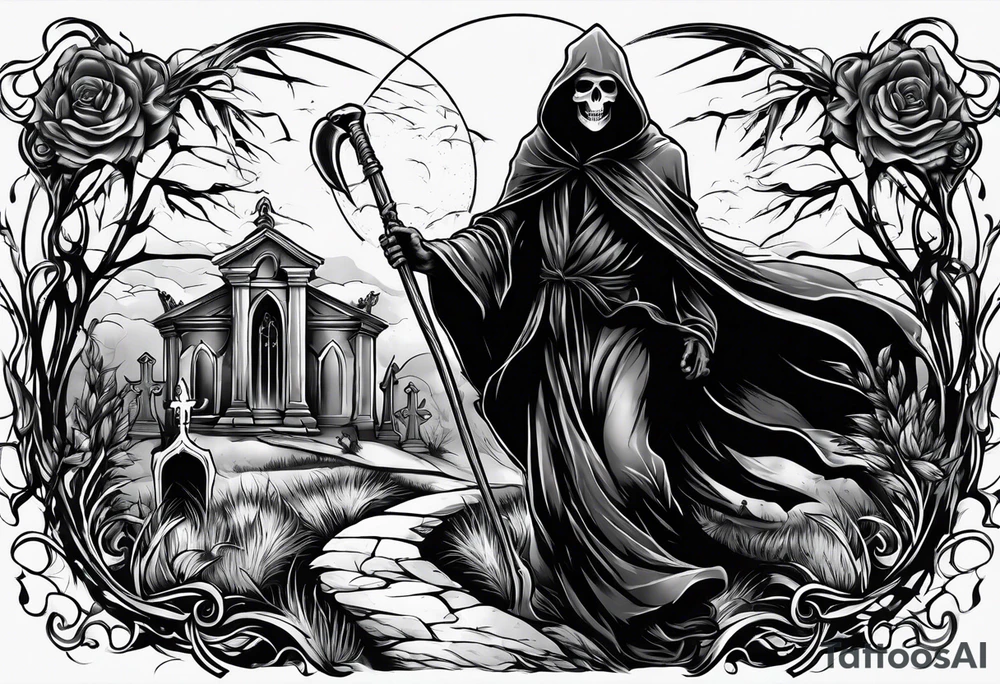 grim reaper walking cemetery tattoo idea