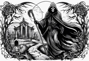 grim reaper walking cemetery tattoo idea