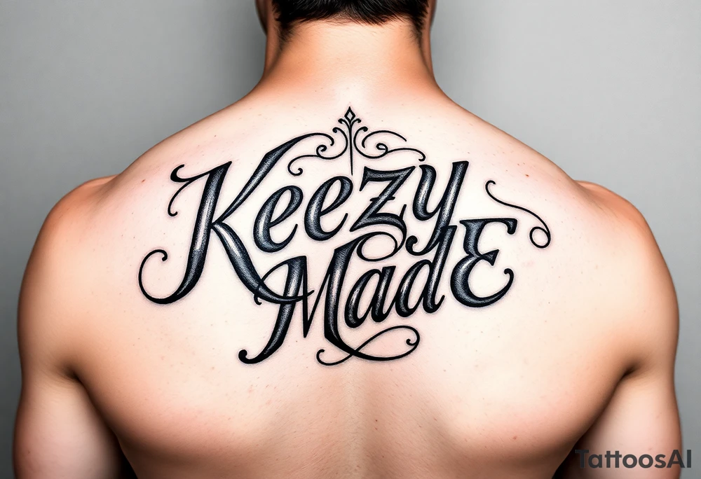 A fancy but rugged intertwined arched curvy lettering that would be clothing brand style that says (KeezY MadE) tattoo idea