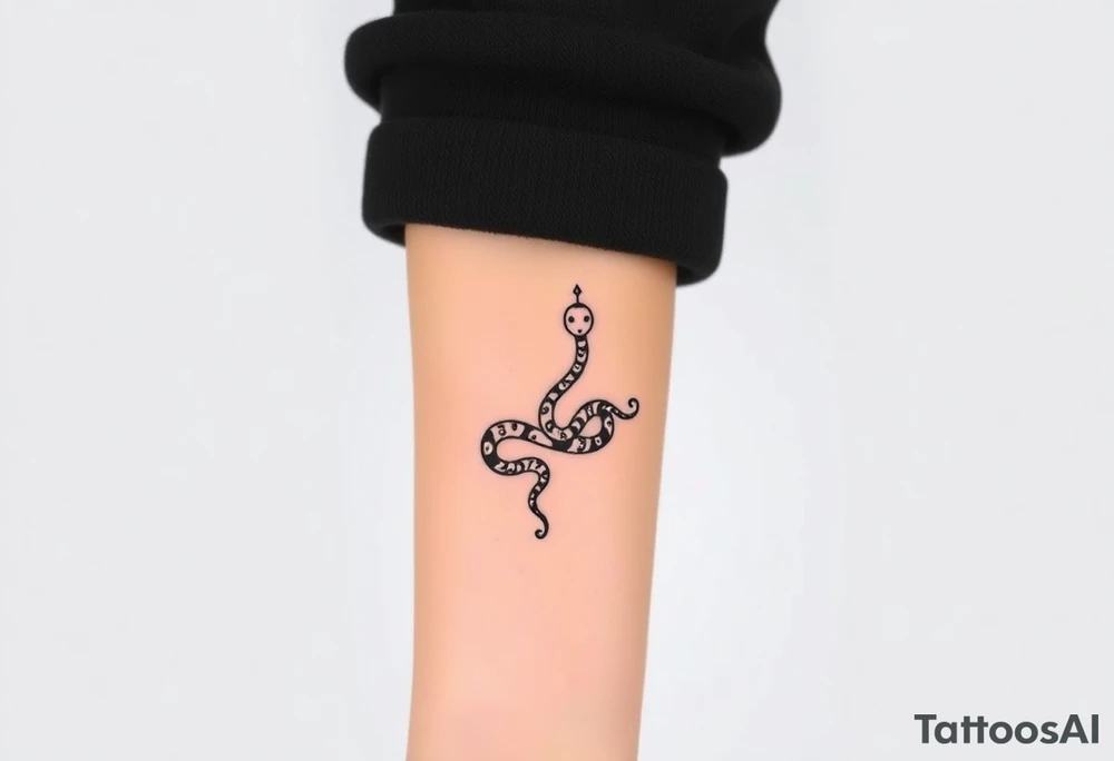 I want a small simple silhouette lines black and white wrist princess like girl snake tattoo that has number 12821 on its body along and also I want it to represent feminine energy crown queen Cycle tattoo idea