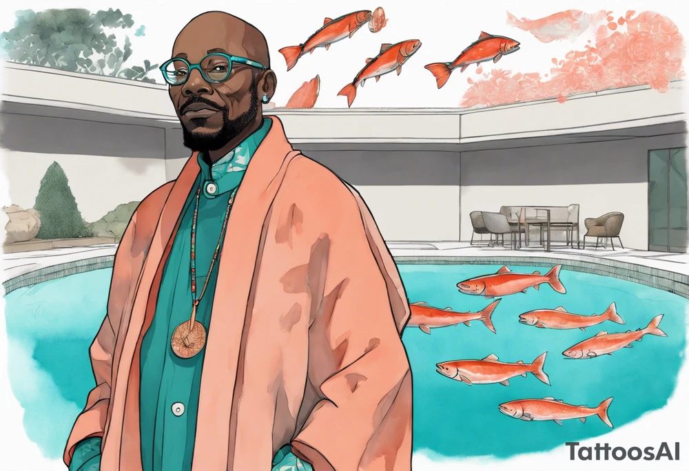 a 50-year-old black man wearing salmon and teal cloak and round glasses standing by a pool filled with salmon tattoo idea