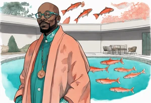 a 50-year-old black man wearing salmon and teal cloak and round glasses standing by a pool filled with salmon tattoo idea