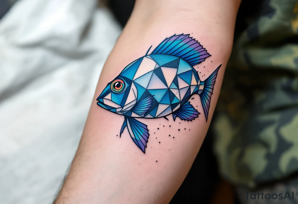 Geometric Catfish – A catfish formed with sharp angular segments in gradient shades of blue, fins segmented with triangle patterns, and a dotwork water base. tattoo idea