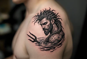 fit young poseidon with trident half way in calm water tattoo idea