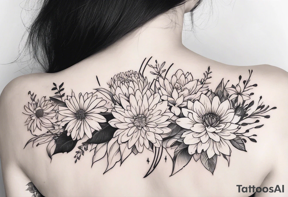 Asters, roses, lillies, and chrysanthemums in a long line tattoo idea