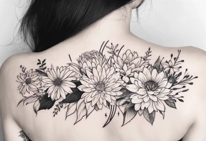 Asters, roses, lillies, and chrysanthemums in a long line tattoo idea