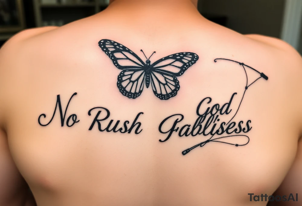 The words No Rush with a monarch butterfly and the words God Bless with a fishing pole. Tattoo is masculine for the upper arm tattoo idea