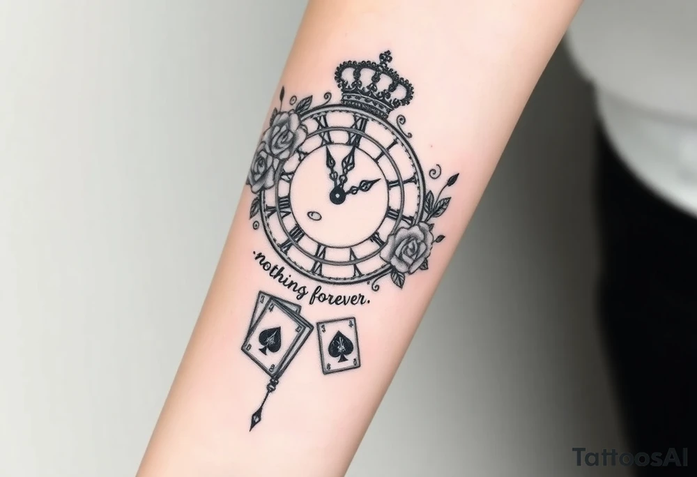 Roman clock with roses and a crown,  a quote that says nothings forever. and on the bottom a deck of cards tattoo idea