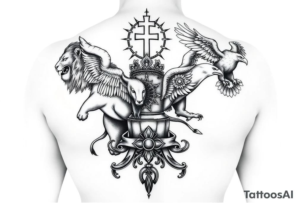 The concept is the 4 incorporeal creatures a man, a lion, an ox, and an eagle carrying the throne of God. Those four creatures are the main elements I’m looking for in the sleeve. With the rest I would like to see your creative/artistic approach.

The Creatures 
Lion: Representing power, courage, and Christ’s victory.
Ox/Calf: Signifying sacrifice and the strength of domesticated animals.
Man: Symbolizing humanity and Christ’s incarnation.
Eagle: Representing divinity, grace, and Christ’s ascension. tattoo idea
