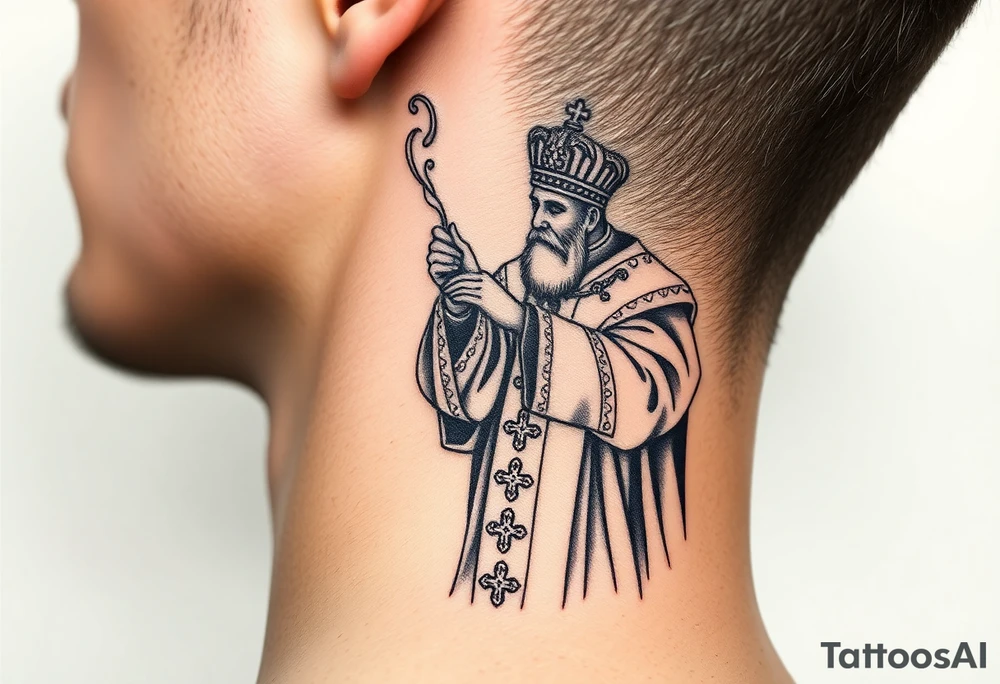 Russian Orthodox Priest in fully detailed vestment swinging a censer with smoke curling upward tattoo idea