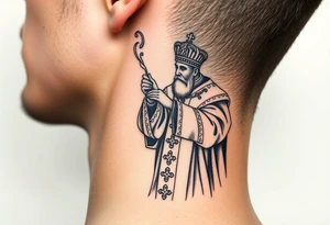 Russian Orthodox Priest in fully detailed vestment swinging a censer with smoke curling upward tattoo idea