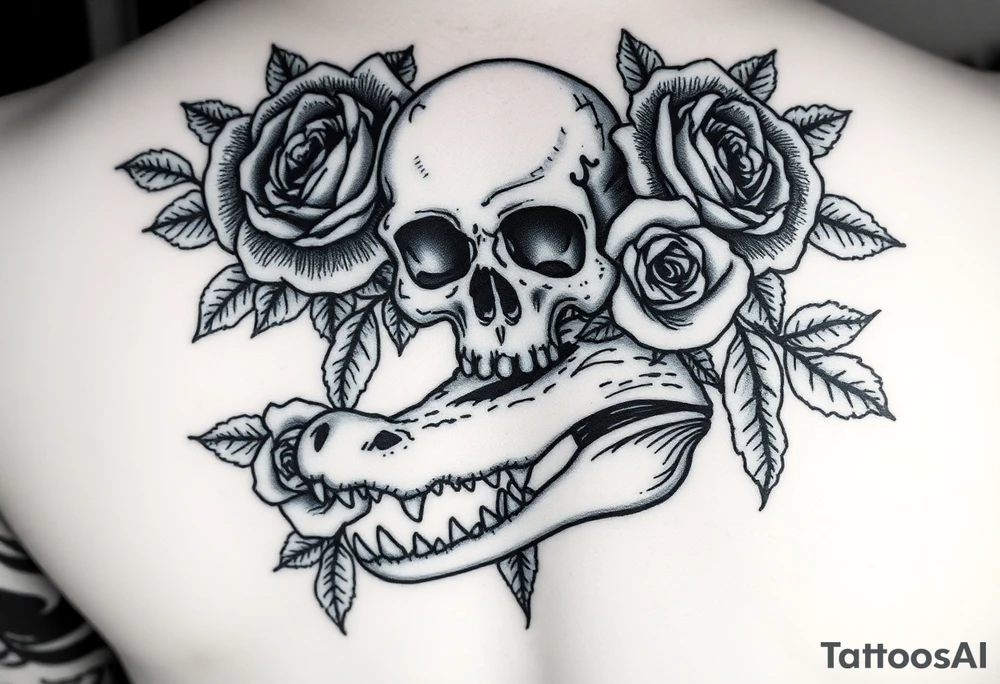 .
dreamy gothic bloom vibe, rose-heavy with dark edges. Imagine swapping the face for your skull, add the gator's tail curling up from the bottom like it's guarding the petals. has the blackwork feel—clean lines, thorny roses, easy to layer an alligator jaw underneath. tattoo idea