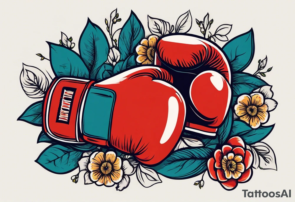 boxing gloves and flowers around the gloves  bold colors traditional old school vintage tattoo idea