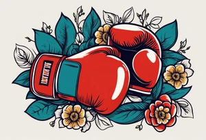 boxing gloves and flowers around the gloves  bold colors traditional old school vintage tattoo idea