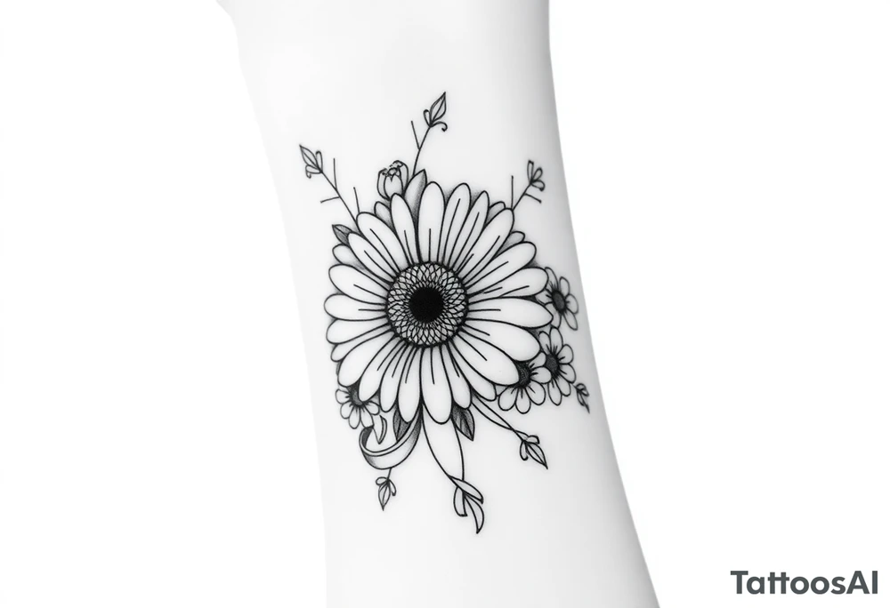 Gerbera daisy bouquet with other flowers and ribbons tattoo idea