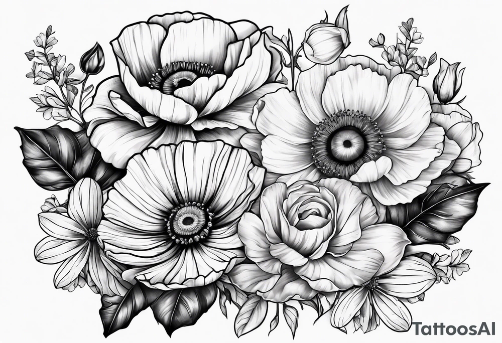One poppy one rose two daisies tattoo idea
