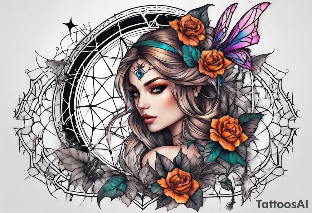 Full sleeve with fairy’s and skulls and spiderwebs tattoo idea