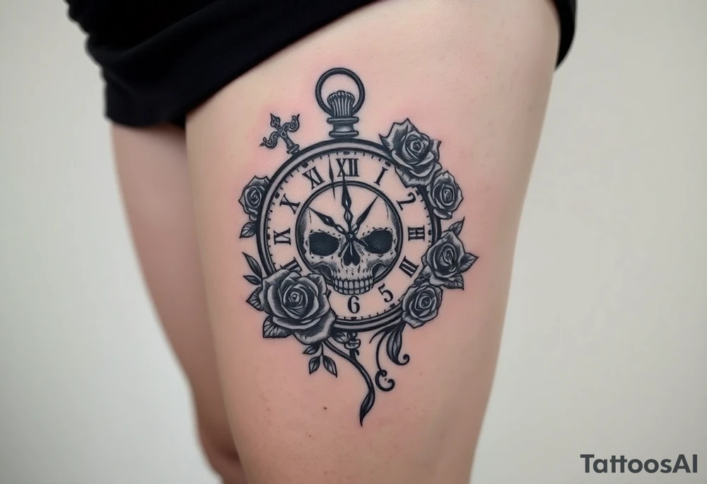 Broken Clock face 11:43 as set time. With 7 roses and skull looking to the clock feminine tattoo idea