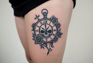 Broken Clock face 11:43 as set time. With 7 roses and skull looking to the clock feminine tattoo idea