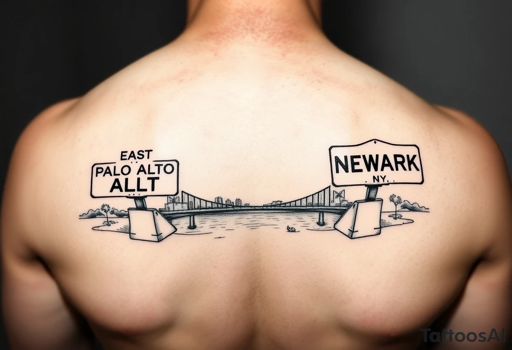 East Palo Alto city sign and Newark city sign on opposite sides of a bridge going across water in California tattoo idea