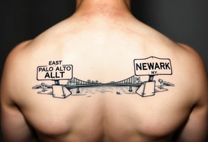 East Palo Alto city sign and Newark city sign on opposite sides of a bridge going across water in California tattoo idea