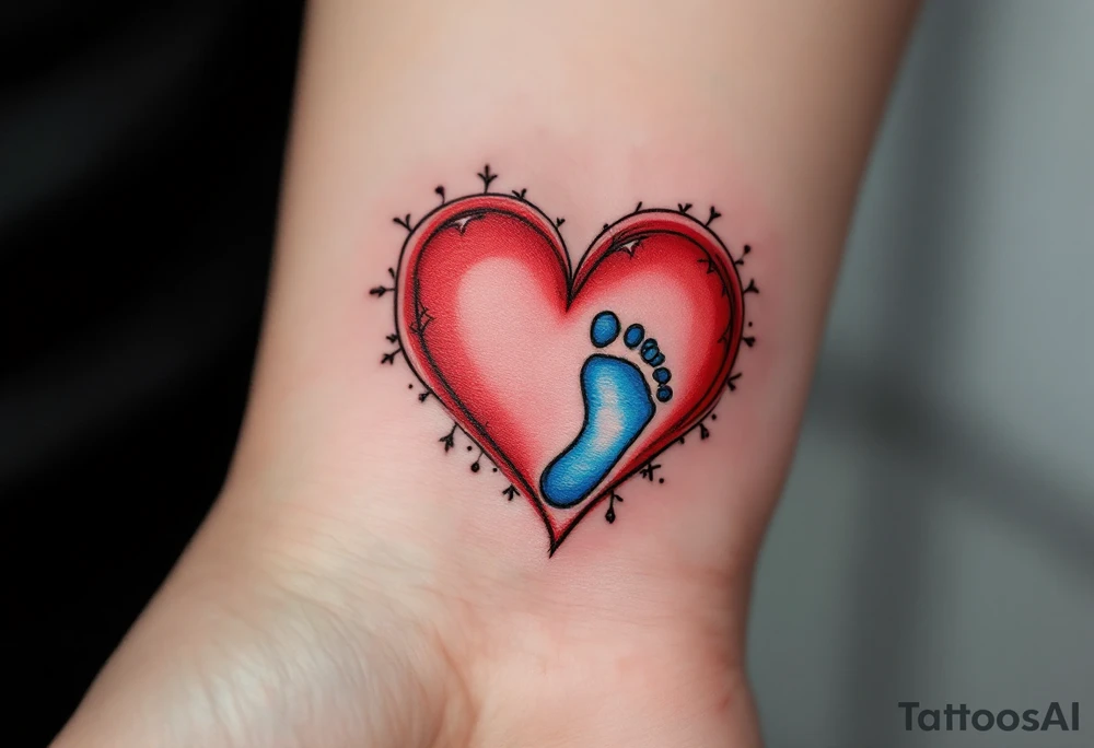 A red heart cradling a tiny blue baby footprint symbolizes eternal maternal love and protection. tattoo idea