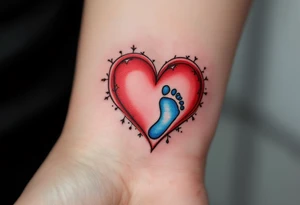 A red heart cradling a tiny blue baby footprint symbolizes eternal maternal love and protection. tattoo idea