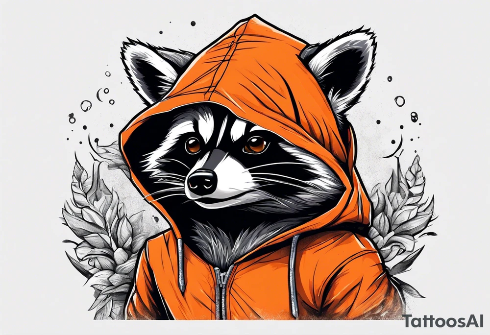 Raccoon wearing an orange Superman hoodie tattoo idea